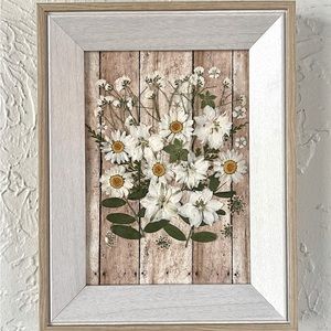 Dried Pressed Framed White Daisies, Larkspur and Baby’s Breath